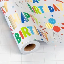 Birthday Wrapping Paper Roll for Boys Girls Kids Men Women - Colorful Gold Foil 