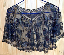 Black Beaded Sequin Lace Evening Shawl Wrap Sheer One Size Formal Capelet