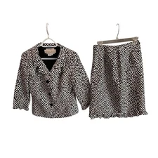 Lillie Rubin Vintage Silk Polka Dot Skirt Suit Set Sz 6 Black White Ruffle Hem