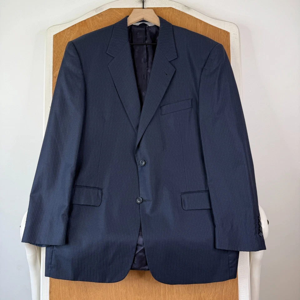 Stafford Suit Mens 42R Navy Blue Pinstripe 2 Button Executive Wool Silk 35x28 - Image 2 of 4