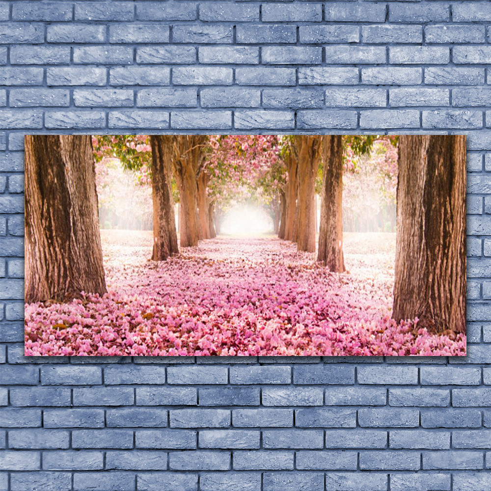 Tableau sur verre 140x70 cm Nature Chemin et Troncs d'Arbres pour salon