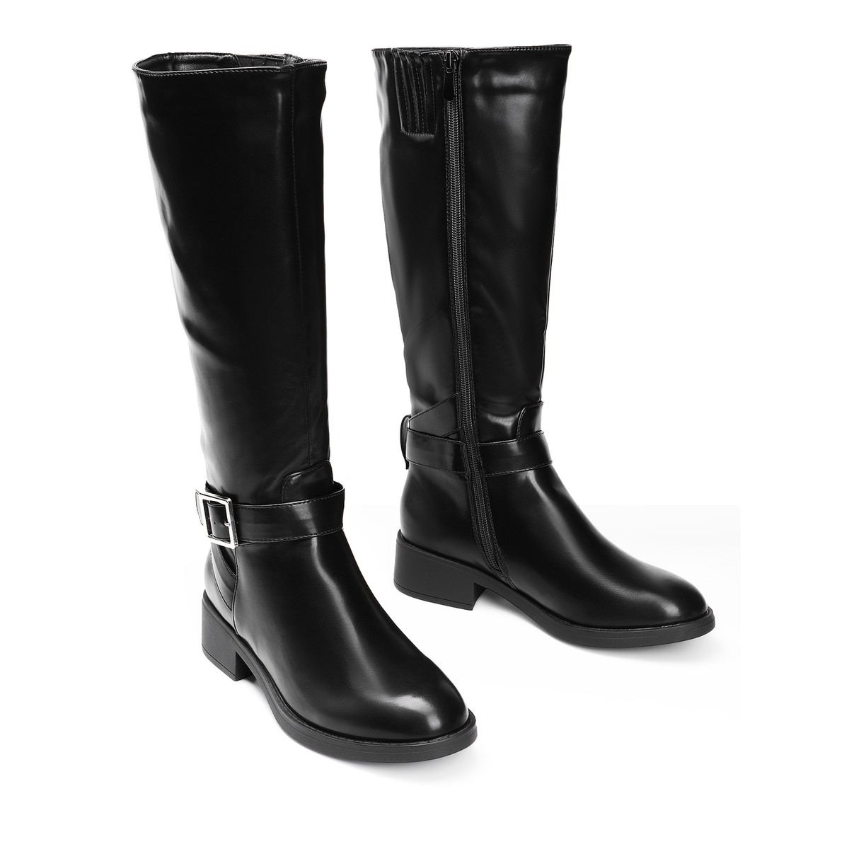 Women Knee High Boots Low Heel Riding Boots Round Toe Side Zipper