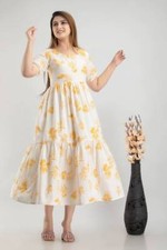 Indian Women yellow beautiful printed Anarkali flare Kurta Kurti beautiful Dress