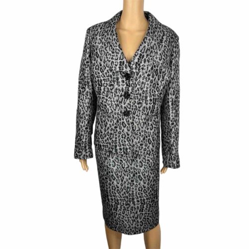 KASPER Polyester Metallic Skirt Suit Size 16 Black Silver Shawl Collar Lined 2PC - Picture 1 of 10
