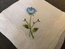 Vintage Semi-Sheer Embroidered Blue Rose Hankie VGC  Bridal Weddings