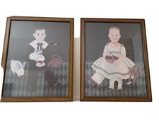 Pair Excellent Vintage Folk Art Framed Prints