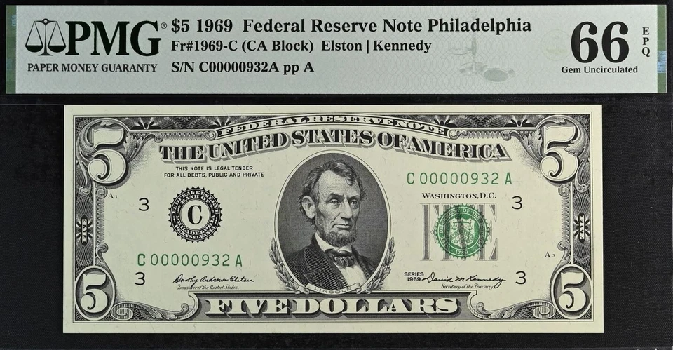 1969 $5 Federal Reserve Note PMG 66EPQ wanted low serial number 932 Fr 1969-C - Image 2 of 3