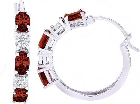 Simulated Garnet & Diamond Hoop Earrings in 925 Sterling Silver-image