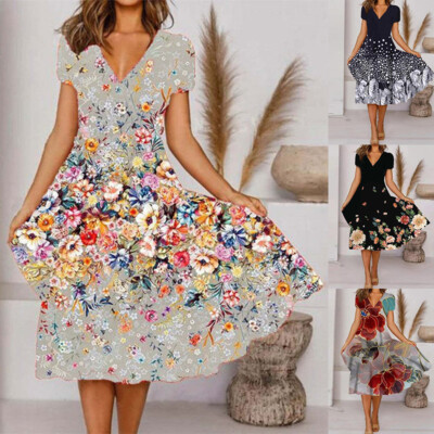      Womens Floral Print V-Neck Swing Dress Summer Short Sleeve Beach Sundress  