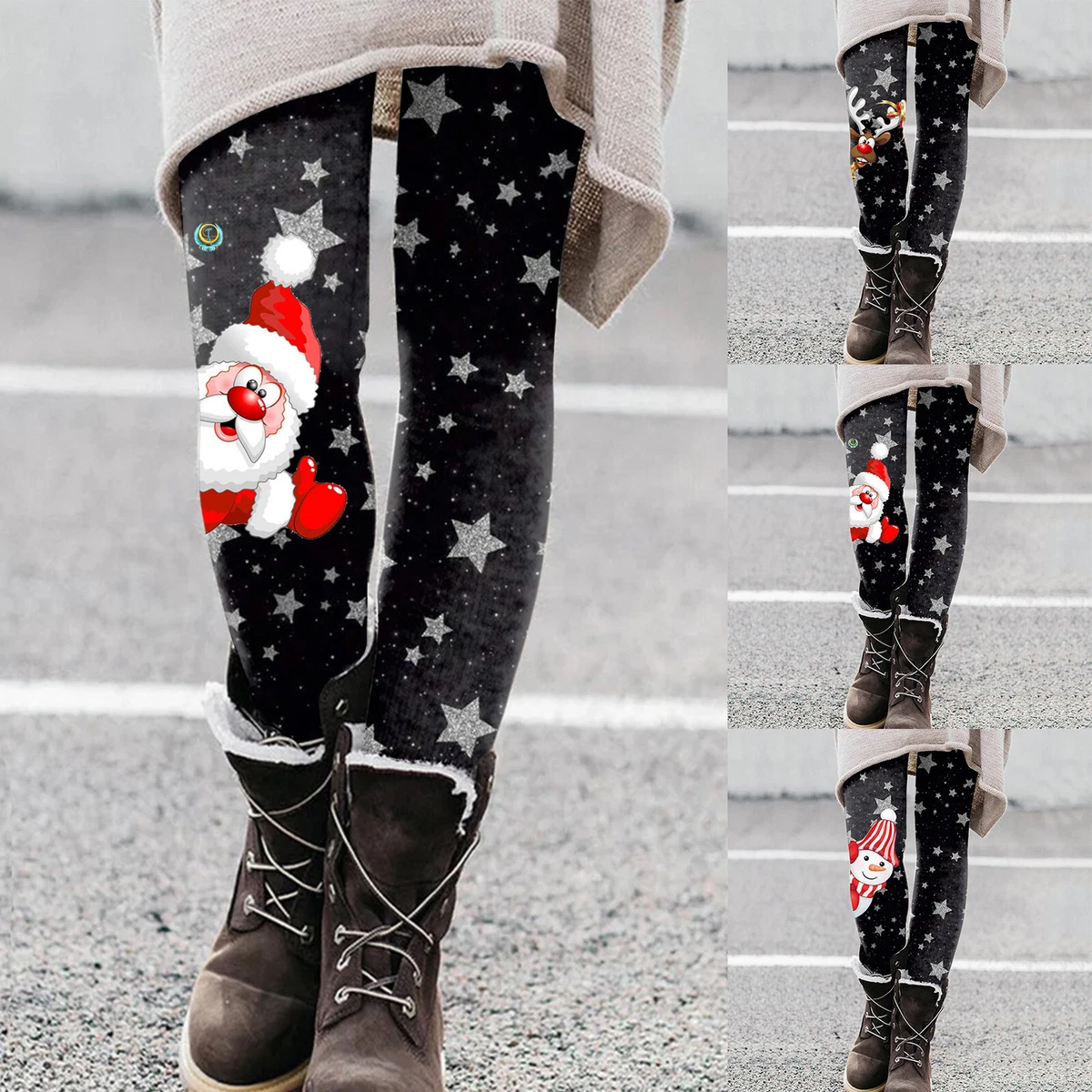 Women Casual Cute Christmas Cartoon Santa Print Inside Leggings Boots Pants