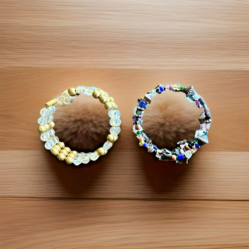 Vintage Crystal & Bead Memory Wire Cuff Bracelets - Set of Two