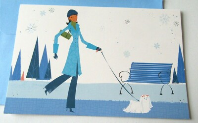 Christmas Card Glamorous Gal Walking Dog in Park American Greetings