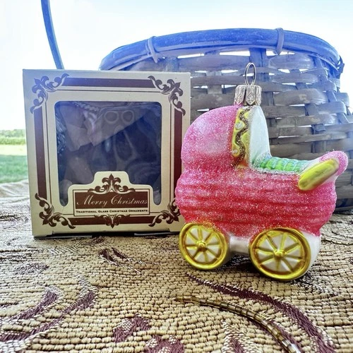 vintage polish Blown glass Christmas ornament Baby Carriage Girl Pink Poland NIP