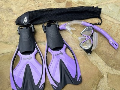 Phantom Aquatics Purple Flippers Mask and Snorkel - Sm/Med US 6-8 Bag Included