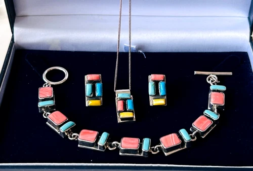 STERLING SILVER MIXED GEMSTONE BRACELET PENDANT & EARRINGS SET