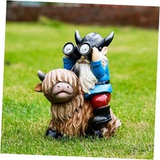 Garden Gnome Statues Resin Gnome Sitting on Highland Cow Solar LED Cow Gnome