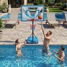 Pool Basketball Hoop w/ 3-Level Adjustable Height Weighted Base 2 Rolling Wheels