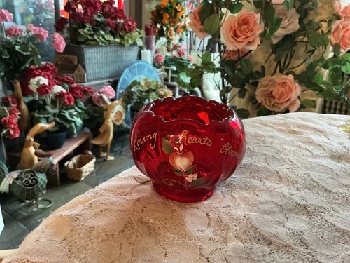 FENTON  Loving Hearts Bloom Rose Bowl Artist Signed, Original Sticker