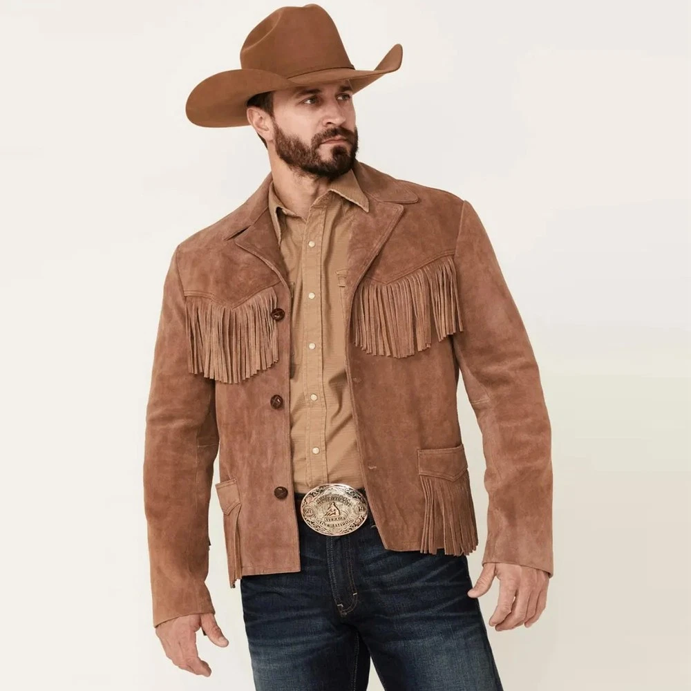 Men's Brown Western Cowboy Suede Leather Jacket with Fringes | Handmade Vintage