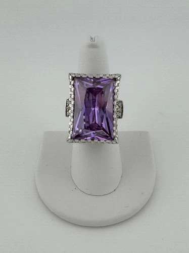 Sterling Silver Large Faceted Amethyst Statement Ring Size 6.75 Vintage Style