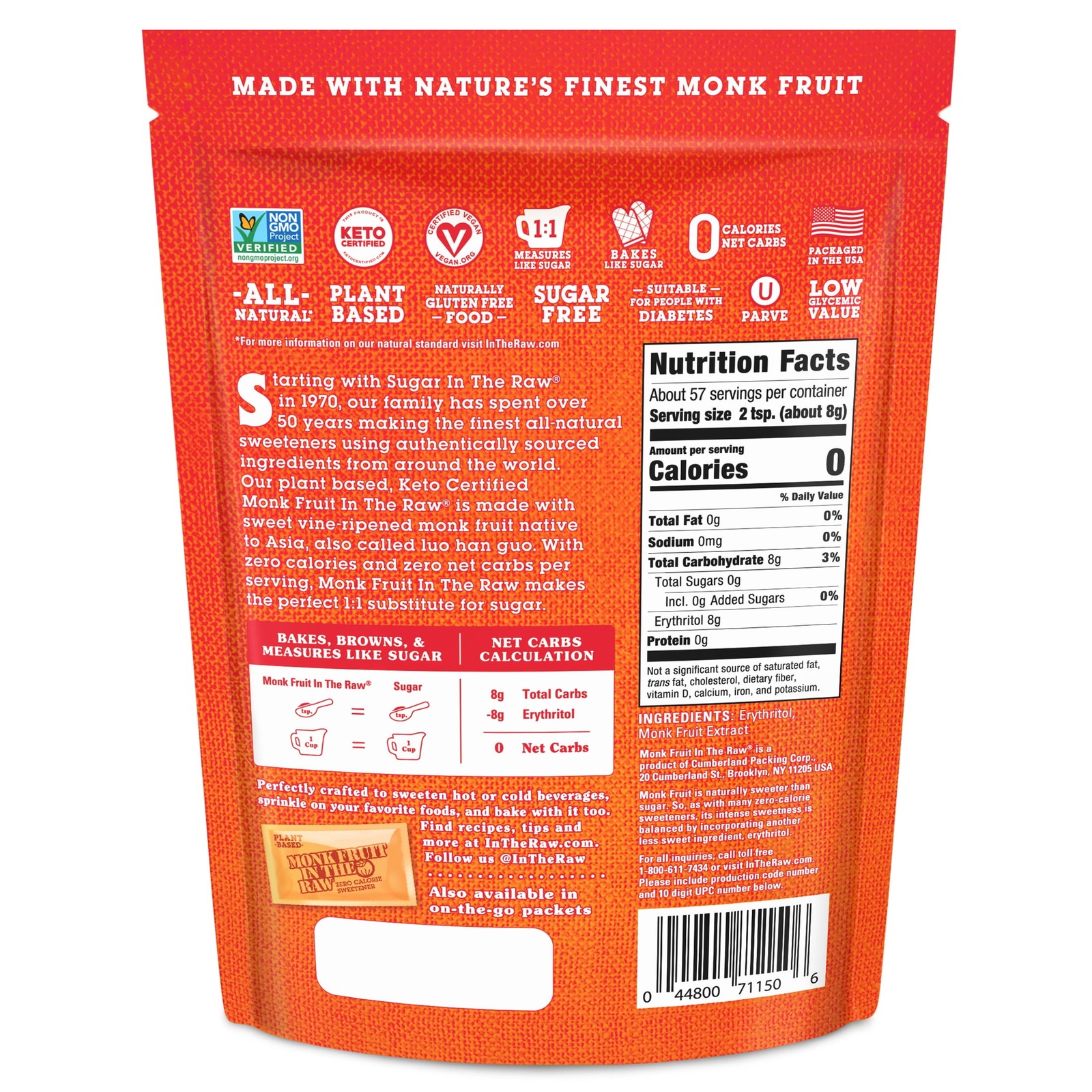 (2 pack) Monk Fruit In The Raw Zero Calorie Sweetener, Sugar Substitute, 16 oz