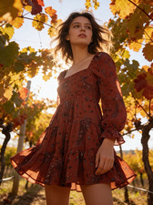 Patrons of Peace Rust Pink Floral Mini Dress Long Sleeve Smocked Square Neck XS