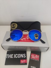 Ray-Ban RB3447 Round Metal Glod Frame Mirror Dark Blue Lenses Sunglasses