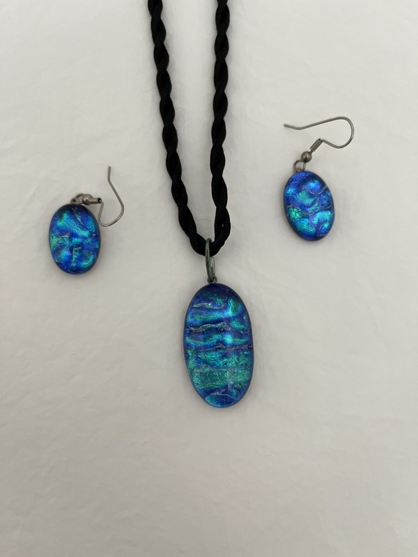 Dichroic Fused Glass Pendant and Earrings Set - Artisan Handcrafted Blues