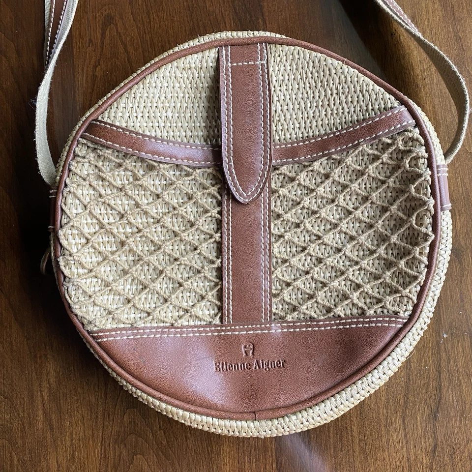 De Colección ETIENNE AIGNER Cartera Tejido Yute Paja Cuero Redondo Bolso Bandolera Pandereta Foto 2 de 4