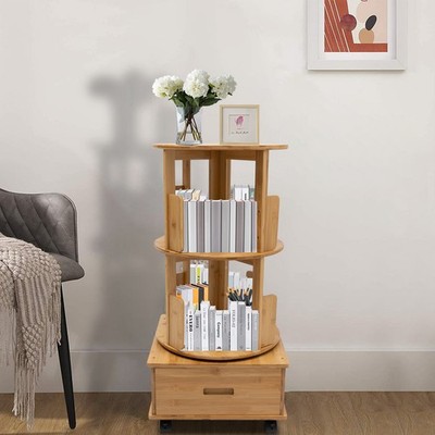 Bamboo 2-Tier 360° Rotating End Table With Drawer & Locking Wheels Log Color