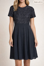 Vintage Laurence Kazar Beaded Chiffon Knee Length Lined Dress Size M Black
