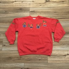 Christmas Ornament Sweatshirt SZ Small Red Embroidered Holiday Grandma Vintage