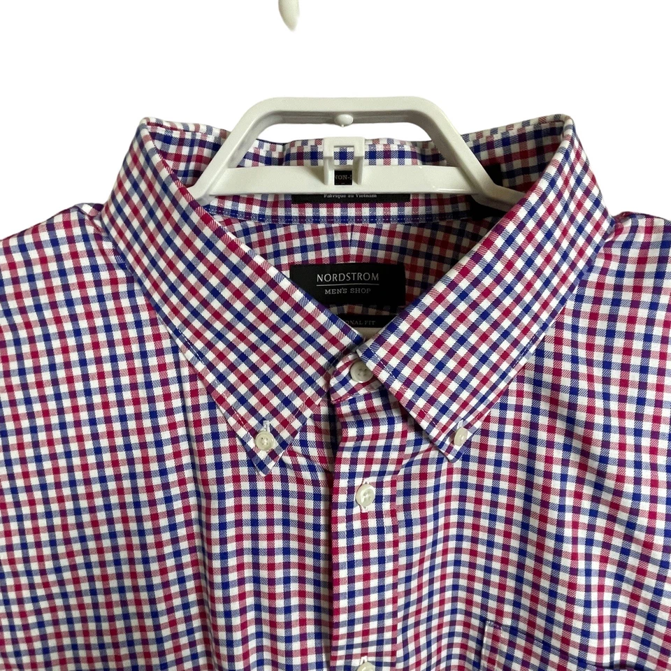 Camisa con botones Nordstrom 19 36 azul rojo blanco guinga manga larga para hombre Foto 2 de 4