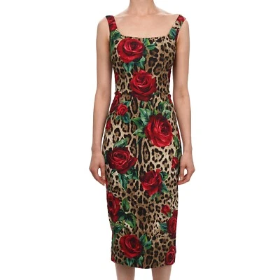 DOLCE & GABBANA Leopard Rose Blume Midi Bleistift Kleid Braun Rot - Bild 1 von 4