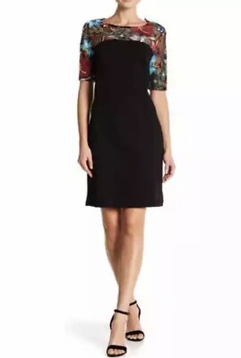 nina leonard embroidered lace yoke dress NWT Nina Leonard Womens Small Embroidered Flower Yoke Black Sheath Dress