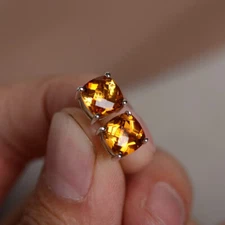Natural Citrine Cushion Stone 925 Sterling Silver Women Designer Stud Earrings
