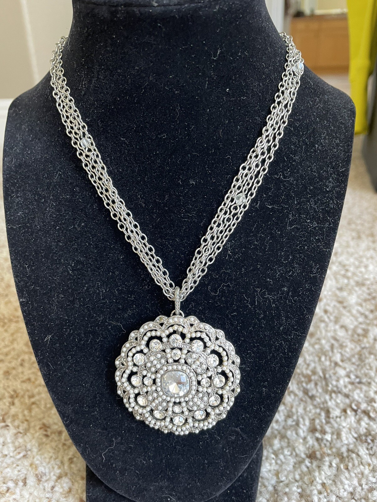 Silver Rhinestone Pendant Statement Necklace - Fr… - image 1