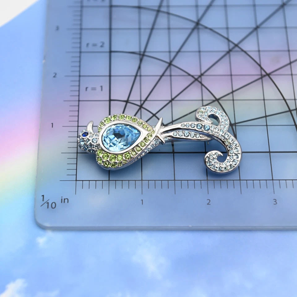 Broche prendedor tono plata sello cisne Swarovski azul verde cristal pájaro del paraíso Foto 3 de 4