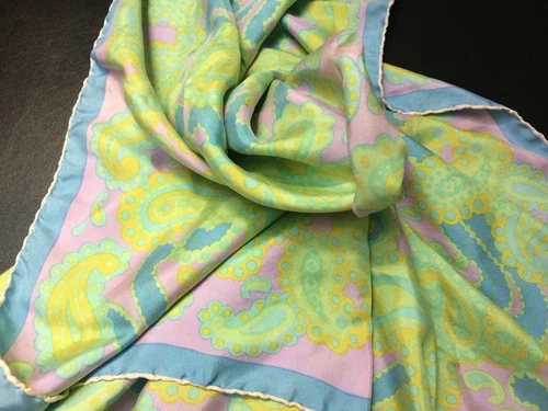 Vtg Neiman Marcus 100% Silk Scarf Mod Paisley ITALY Hand Rolled Lavender Lime