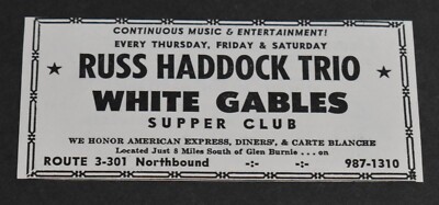 1968 Print Ad Maryland Baltimore Russ Haddock Trio White Gables Supper Club art