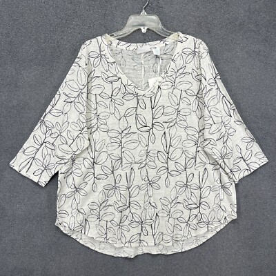 Cynthia Rowley Top Women 2X 100% Linen White Black Floral 3/4 sleeve Blouse