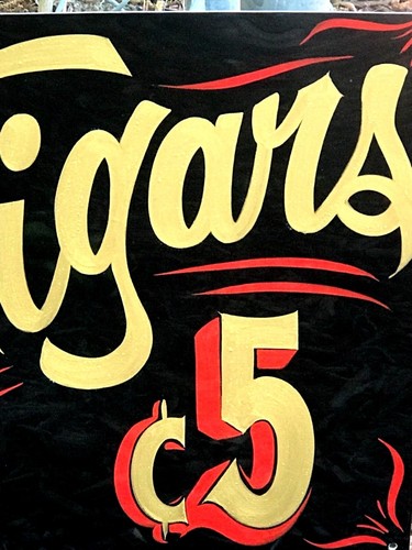 Letrero de tienda publicitaria vintage pintado a mano con letras tabaco de 5 centavos cigarros - Imagen 5 de 7