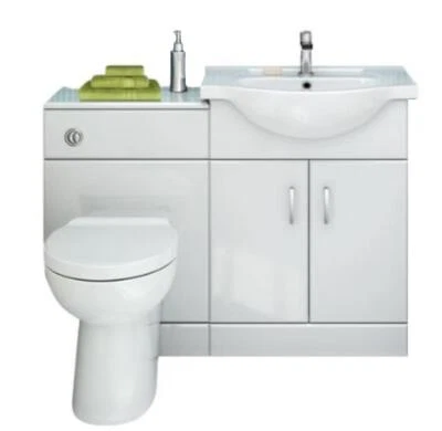 Bathroom Suite Combined Bath Vanity Unit Sink Toilet Set White 1148mm Furniture