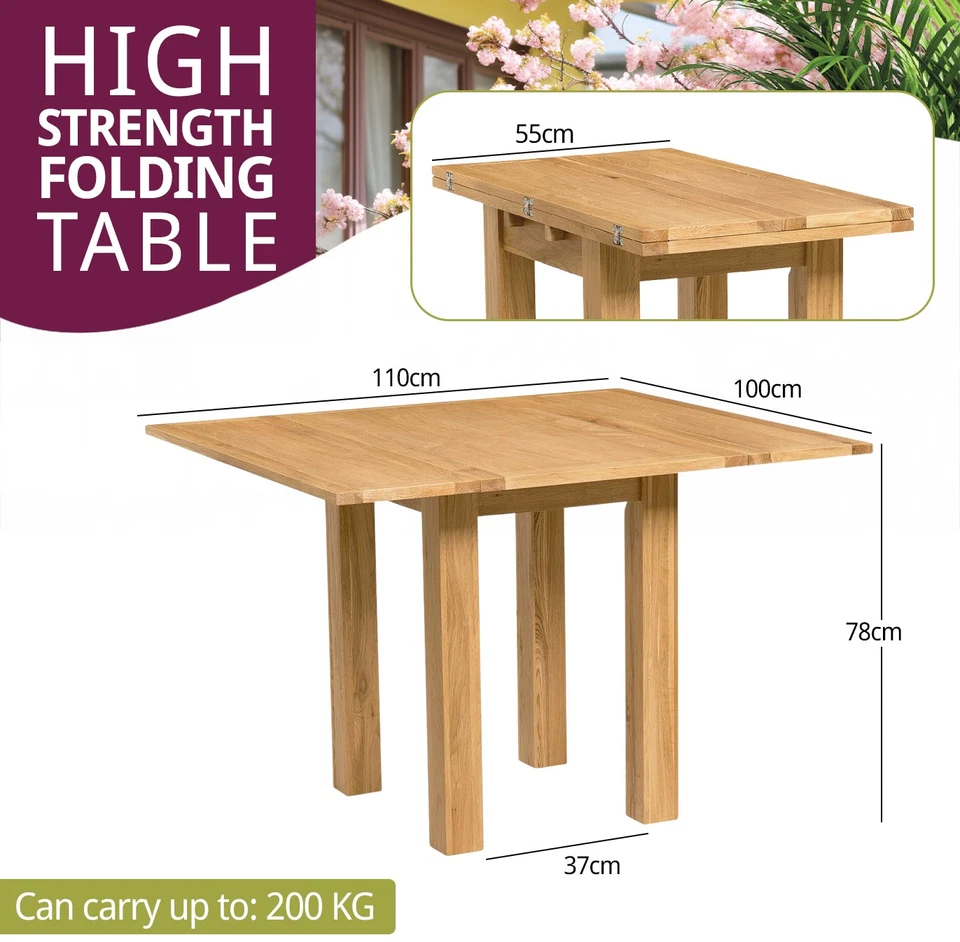 Small Dining Table, Folding Kitchen Table, Solid Oak Wood Extending Dinner Table - Image 3 of 4