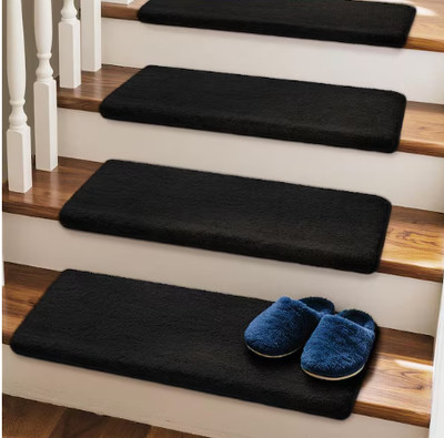 Pure Era Black 9.5'' x 30'' Bullnose Plush Carpet Stair Tread Covers Set of 14