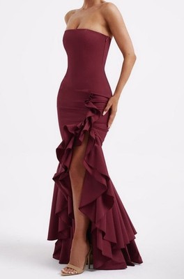 Burgundy Strapless Ruffle Maxi Dress with Side Slit for Women Formal Party | eBay Burgundy Strapless Ruffle Maxi Dress with Side Slit for Women Formal Party | eBay
