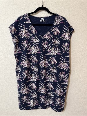 NWOT Pact Women s Midi Dress Navy Floral Organic Cotton Ruched Stretch Sz Large