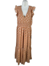 Lulu's Women's Beige/Brown Metallic Sleeeless Ruffle and Tiered Midi Dress - L