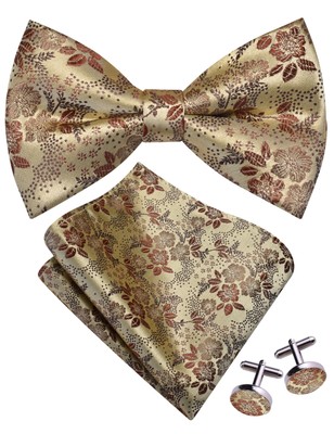 Men's Floral Bow Tie Handkerchief Jacquard Woven Pre-Tied Cufflinks Set