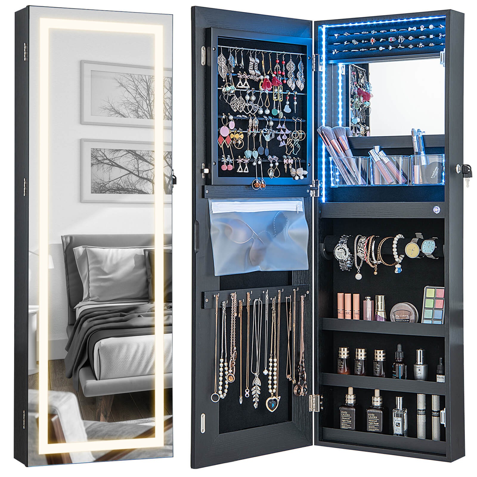 LED Mirror Jewelry Cabinet Wall/Door Mounted Organizer Armoi